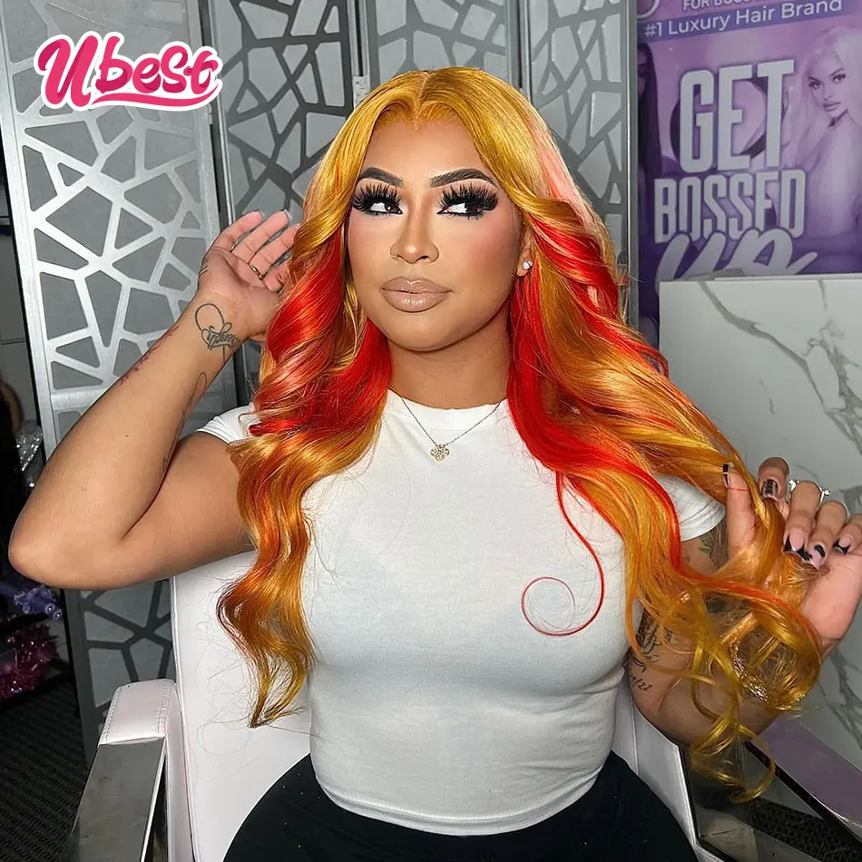 Ombre Yellow Red Colored 13X6 BodyWave Transparent Lace Front Wigs 100％ Human Hair 180％Density Brazilian Hair Remy Hair Wigs