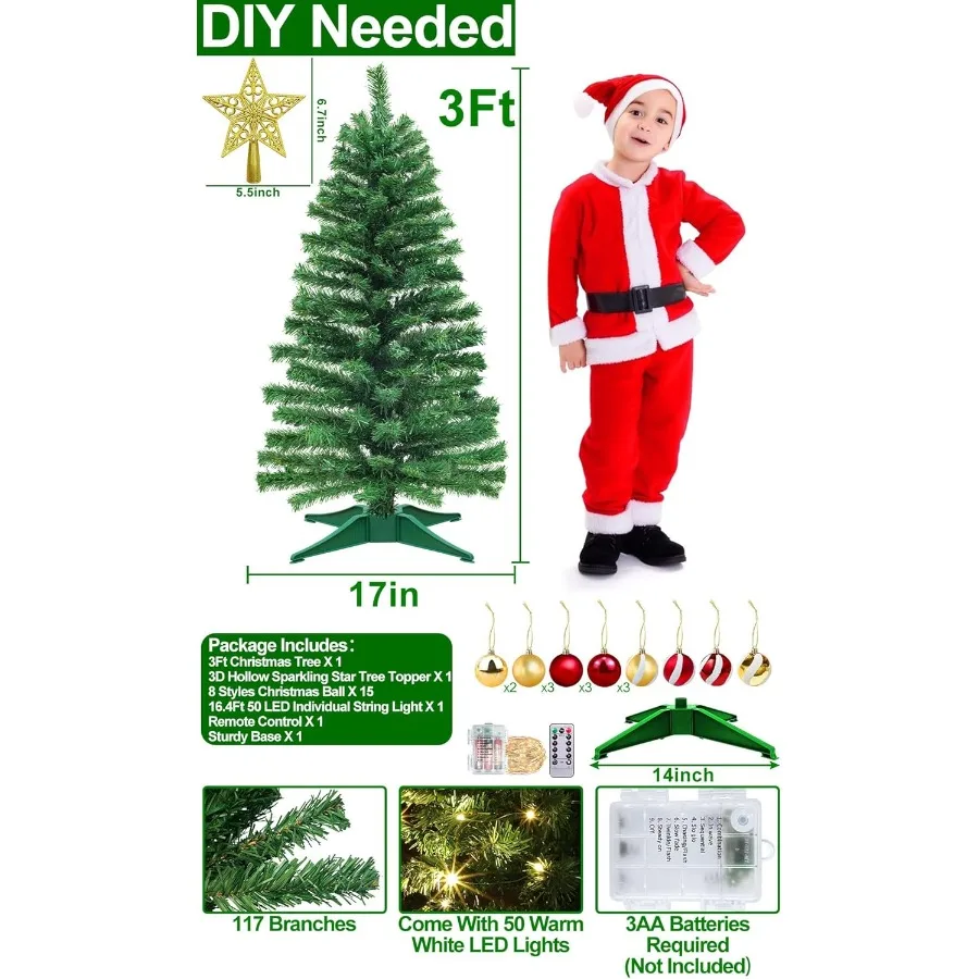 التحكم عن بعد 8 طرق 3 قدم شجرة عيد الميلاد مع أضواء الموقت 15 لتقوم بها بنفسك زخرفة الكرة 50 ضوء دافئ بطارية تعمل القلم الاصطناعي
