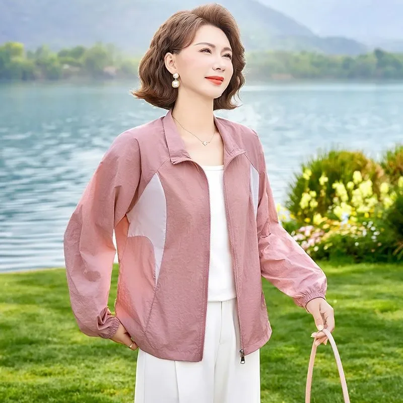 Womens Thin Breathable Sun Protection Jacket Patchwork Long Sleeve Loose Coat For Middle Aged