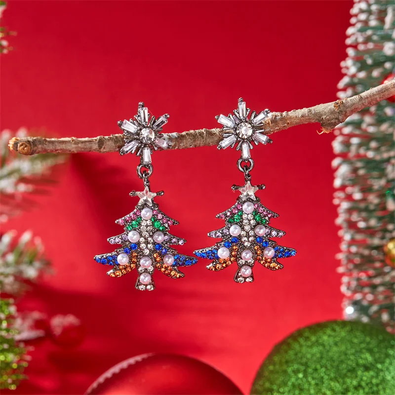 Boucles d'oreilles cloches de noël en strass pour femmes, Imitation de perles exquises, arbre de noël, étoile, bijoux de fête et de vacances