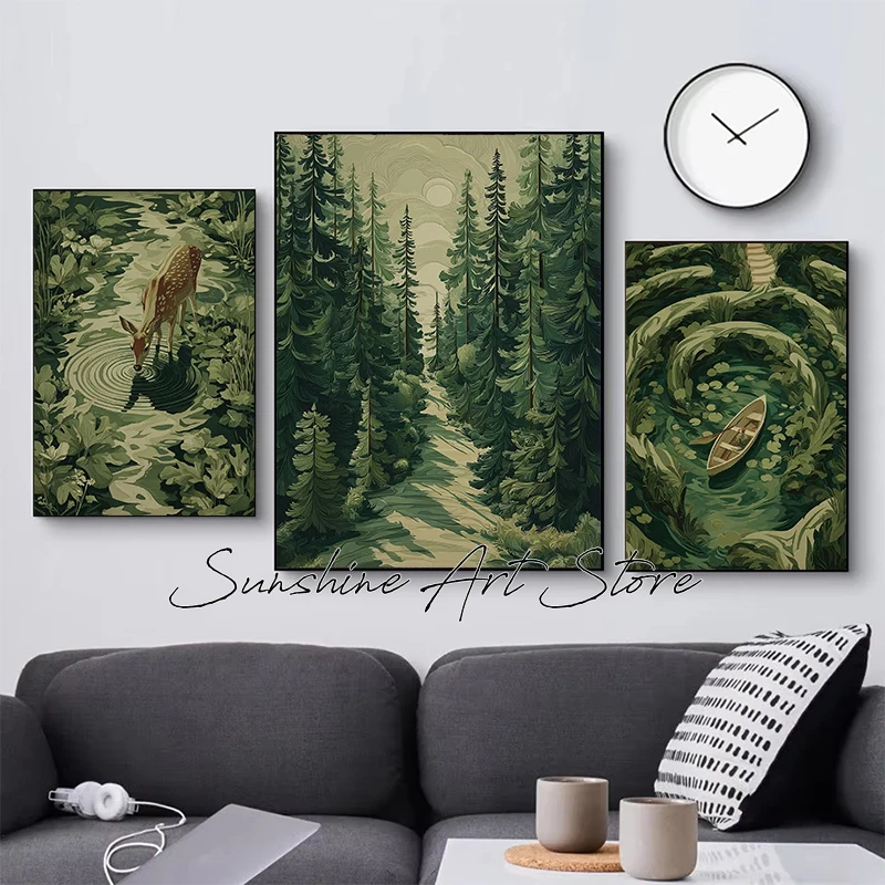 Misty Pine Forest Green Nature Landscape Forest Path Deer Botanical Nature Art Poster Canvas Painting Wall Pictures Home Decor