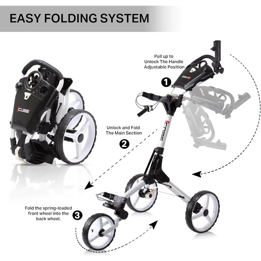 عربة جولف ذات 3 عجلات من CUBE CART لسهولة النقل والتخزين - آلية فتح/إغلاق بخطوتين - أصغر قابلة للطي