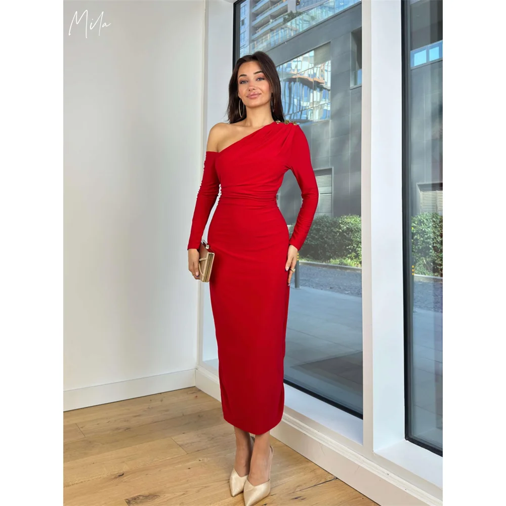 

Mila One Shoulder Mermaid Prom Dresses 2025 Long Sleeve Elegant Sheath Evening Dresses Ankle-Length Customized Party Dresses