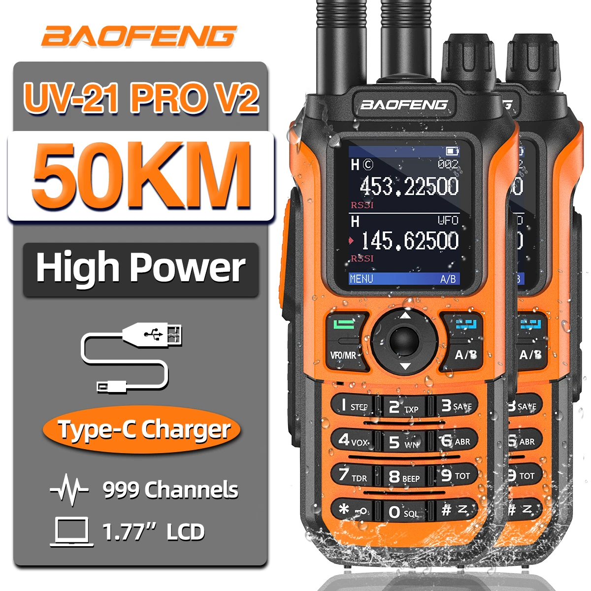 2Pcs Baofeng UV-21 Pro V2 16 KM Long Range Walkie Talkie Wireless Copy Frequency Waterproof Ham Radio Type-C Charger UV-5R Radio