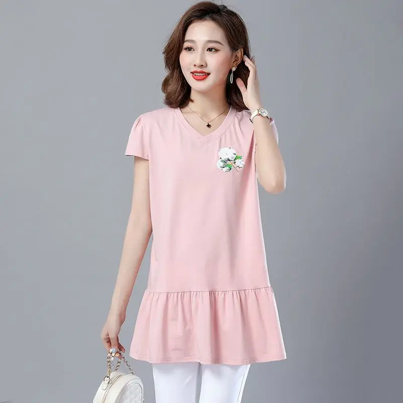 Women's Clothing 2023 Summer Pullovers Patchwork Short Sleeve Solid V-neck Loose Long New Fashion Casual New Pleated T-Shirts