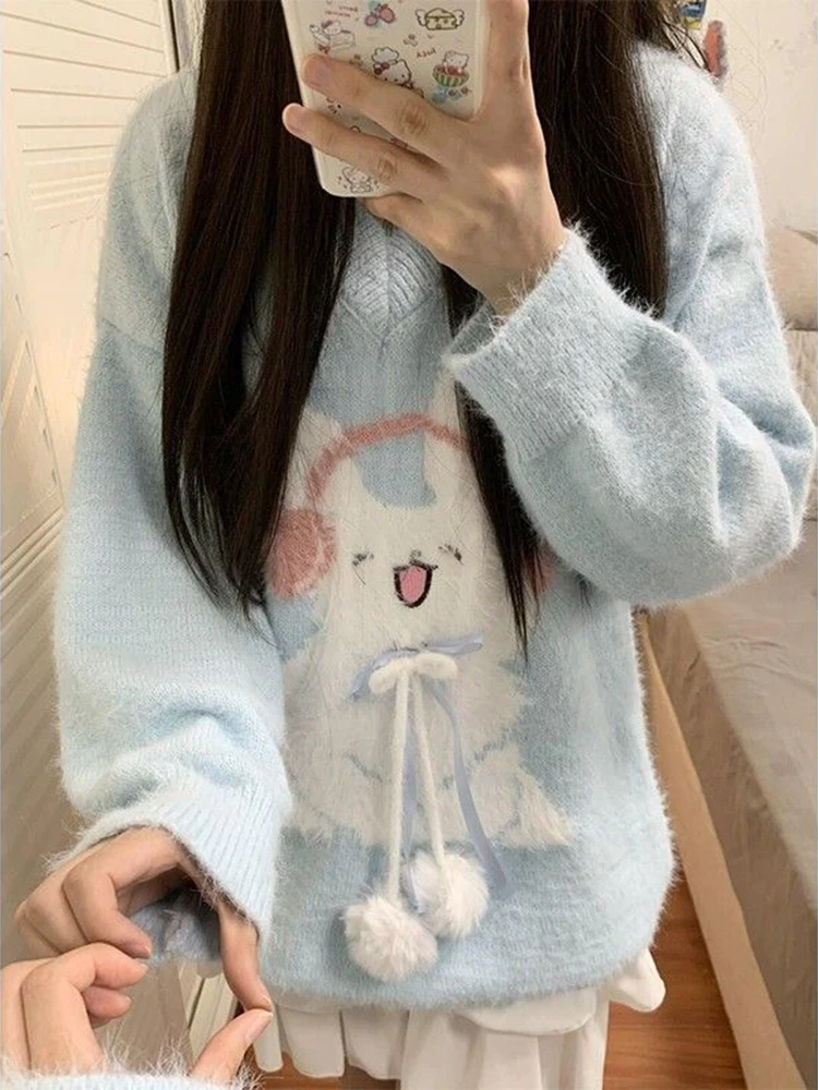 

Japanese Jumper Knitting Cute Pullovers Winter Sweater Sueter Mujer V-Neck Bow Furry Pull Femme Fashion Oversized Sweater Tops