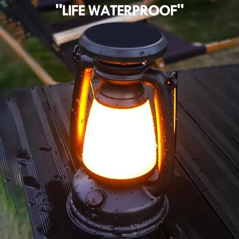 Portable Retro Camping Lantern Solar Charging Tent Ambient Light Fishing 3 Speed Dimmable Outdoor Waterproof Emergency Work Lamp