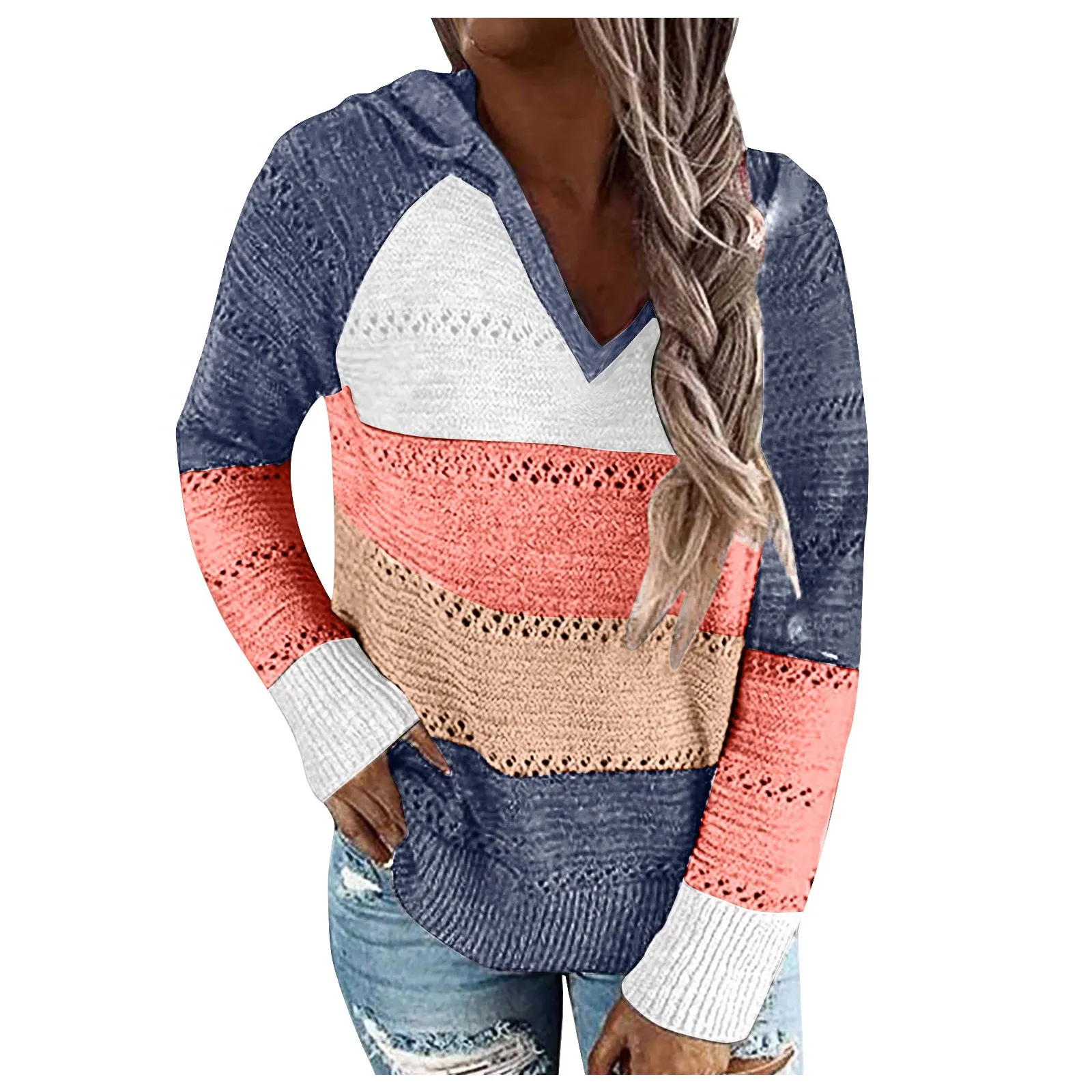 Women\'s Fashion Versatile Sweater Women\'s Long Sleeve Patchwork Hooded Sweater Top Autumn and Winter Thickened Sweater Top