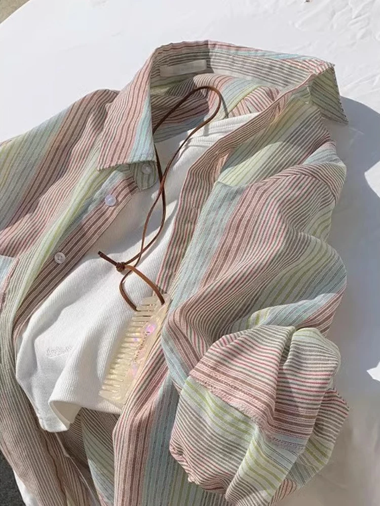 

Emily Clud Striped Summer Lightweight Women's Sun Protection irt Collar Long Sve Silk Top Commute Sle