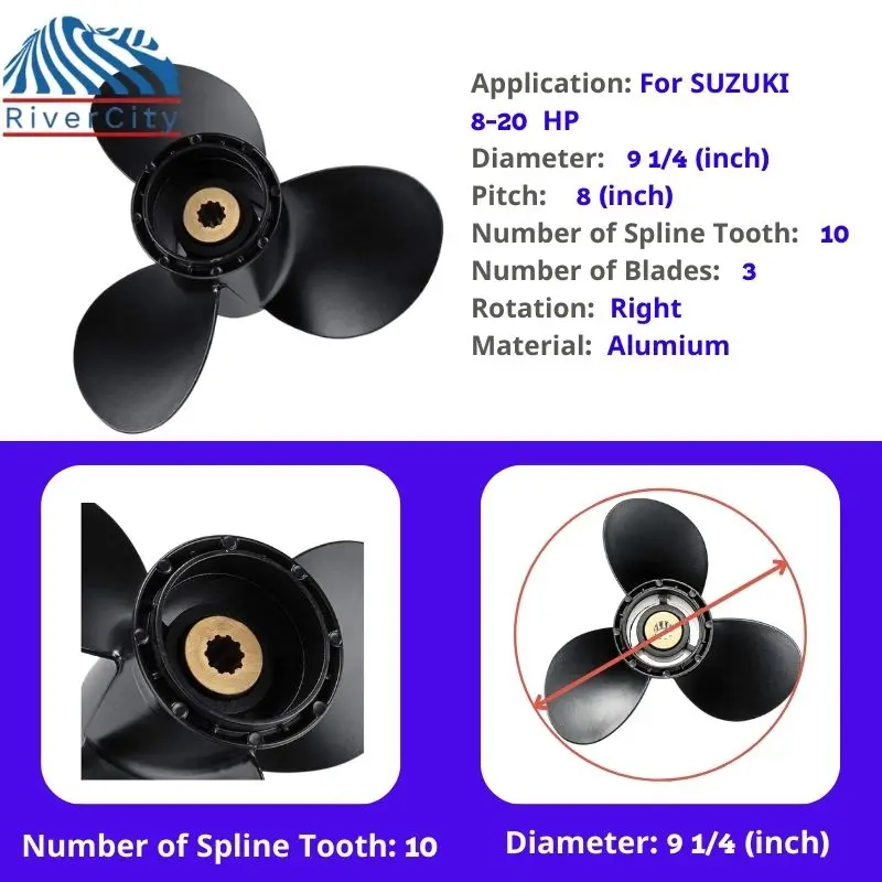 Outboard Propeller For Suzuki 9.9hp 15hp 9 1/4 *8 Boat Motor Aluminum Alloy Screw 3 Blade 10 Spline Ship Marine Engine Part