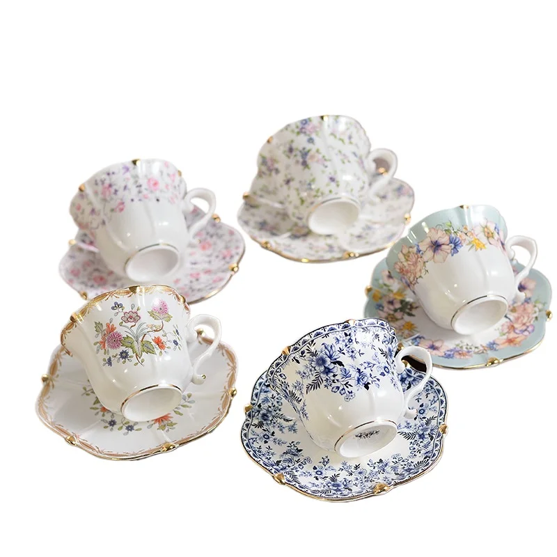 European floral printing ceramic espresso coffee cup British teacup set retro ceramic coffee cup saucer set