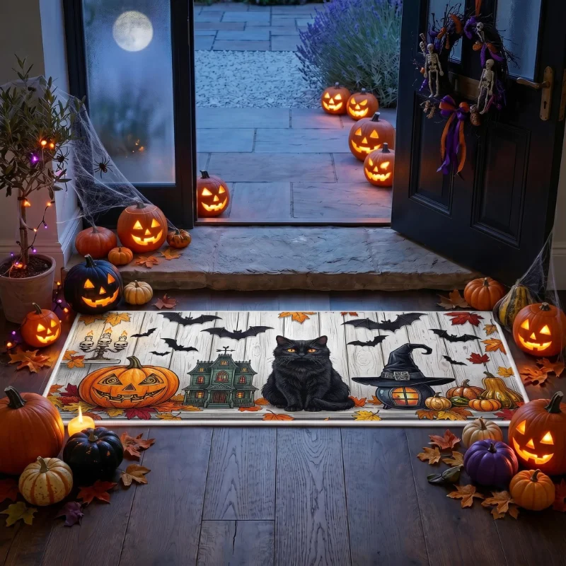 VIKAMA Halloween Black Cat Pumpkin Doormat Washable Non Slip Rug Indoor Outdoor Front Door Haunted House Holiday Home Decor