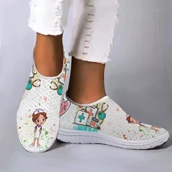 INSTANTARTS Brand Design Women White Nursing Shoes Cute Cartoon Nurse Doctor Medical Print Slip-on Loafers Mesh Casual Shoes