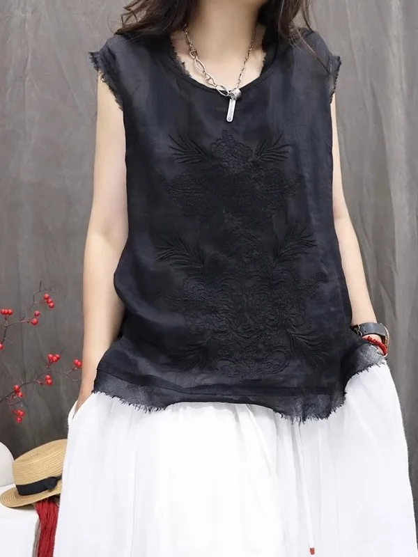 Elegant Embroidered Cotton Linen Vest Shirt Women Summer Loose Casual Patchwork Lace Sleeveless Small Top Upper Apparel