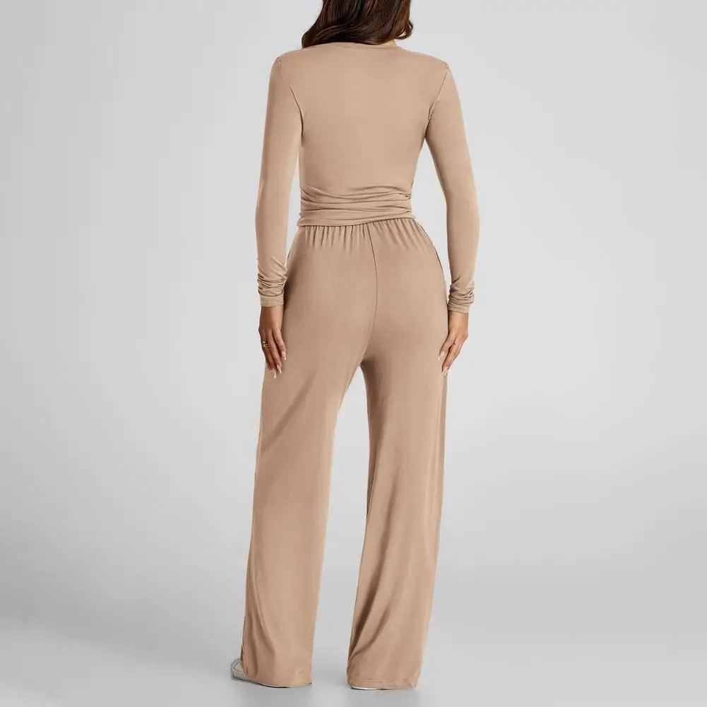 Cotton Loungewear Set Spring Summer Long Sleeve Top High Waist Wide Leg Pants Matching Set Tracksuit Elastic Waist Wide Leg Pant