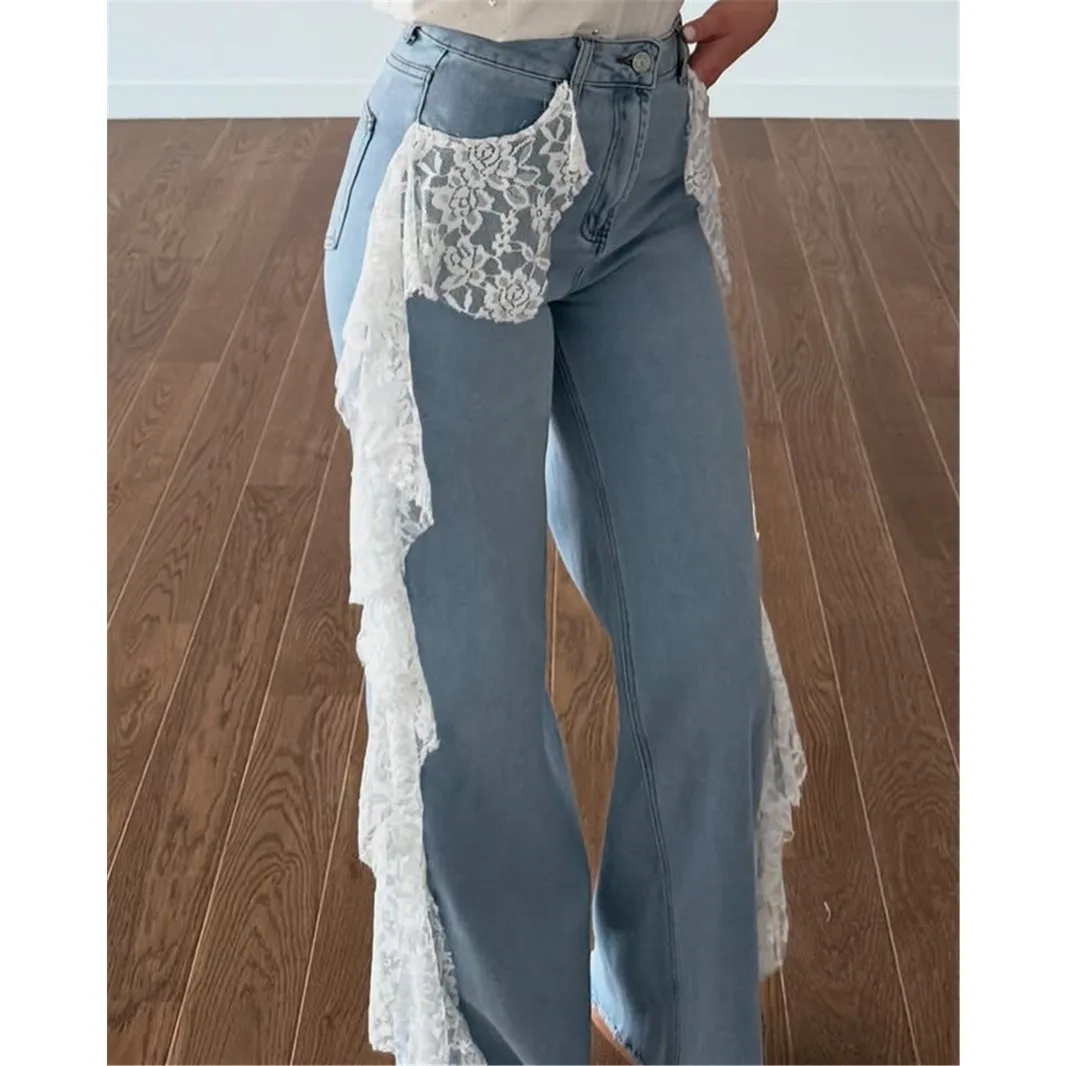 Y2k Trendy All-match Lace Spliced Denim Straight Leg Pants Women Design Streetwear High Waist Vintage Jeans Mujer Clothes New