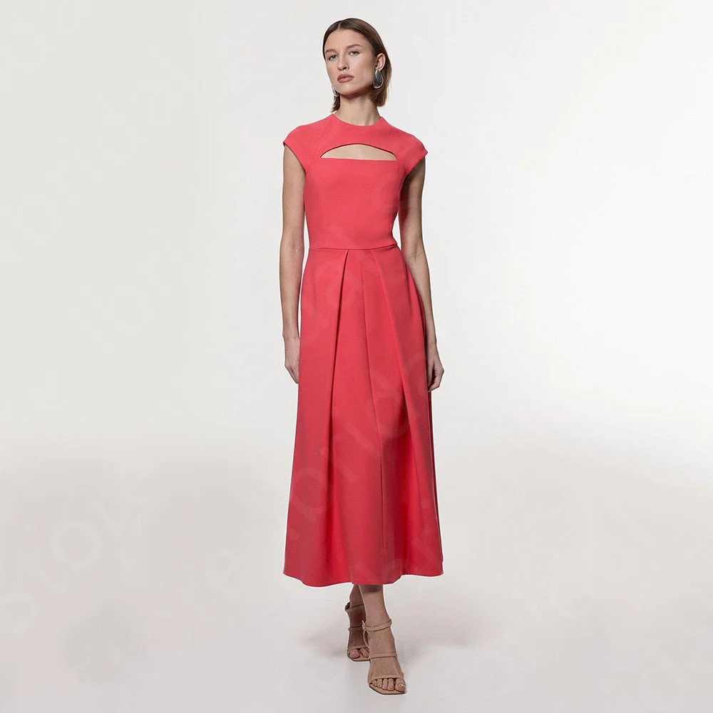 

Customized Unique Prom Gowns 2025 Mid Calf Length Prom Party Dresses Cap Sleeves Round Neck Wedding Guest Gowns Short On Sale