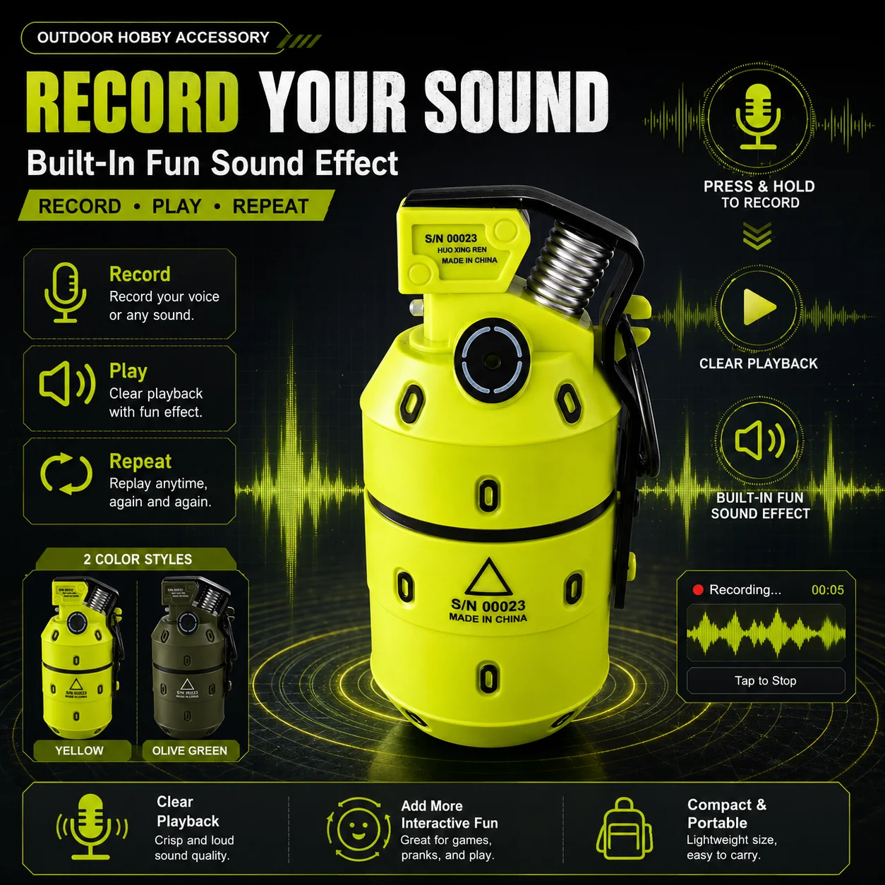 Built-in Recording Continuous Spray Water Mist Grenade Toy Outdoor Shooting Game Toy Gun Accessory