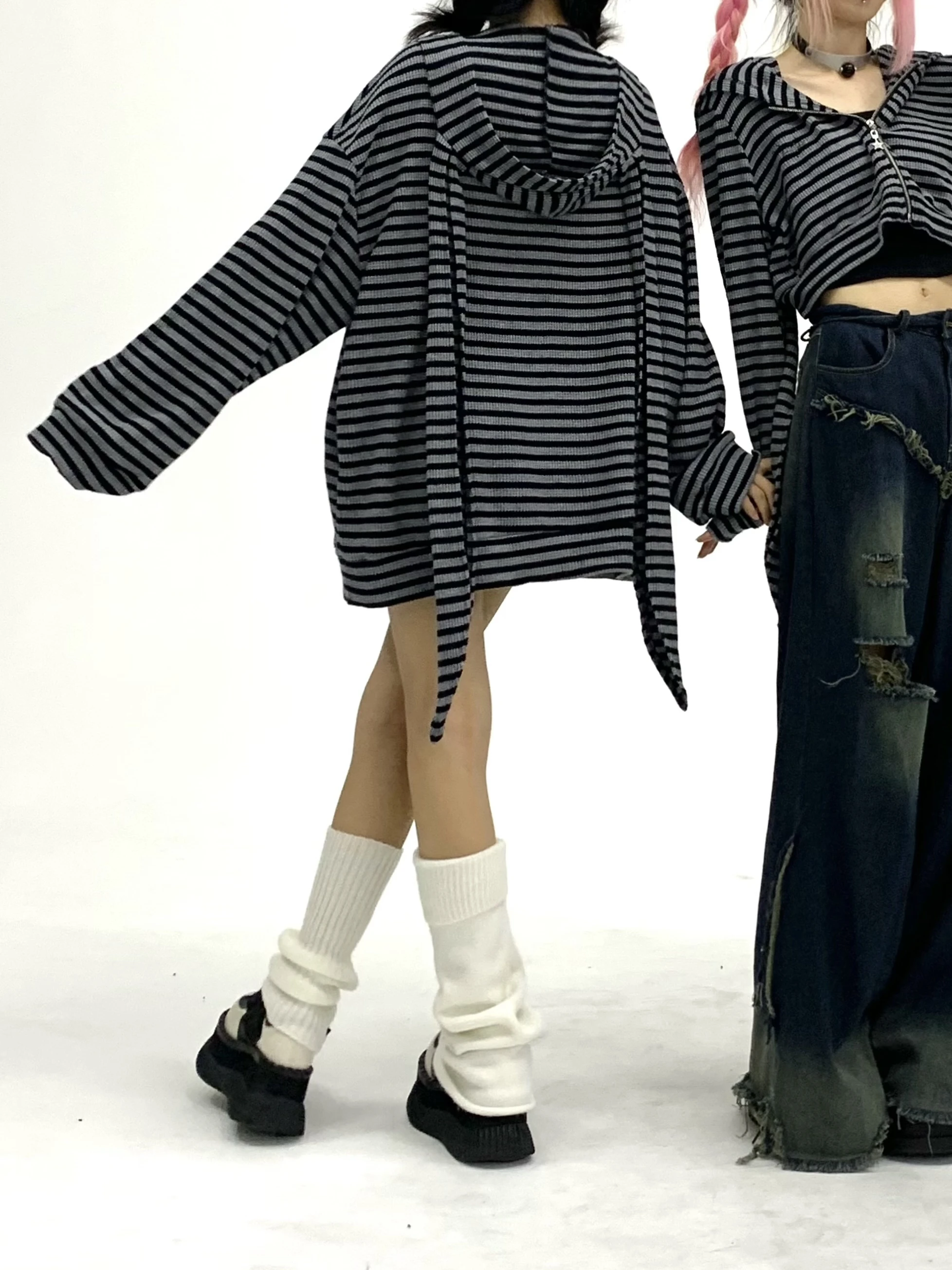 Y2k Subculture Japanese Autumn and Winter Hooded Striped Rabbit Ear Jacket Loose Cartoon Cute Sweet Cool Babe Cardigan Sweater