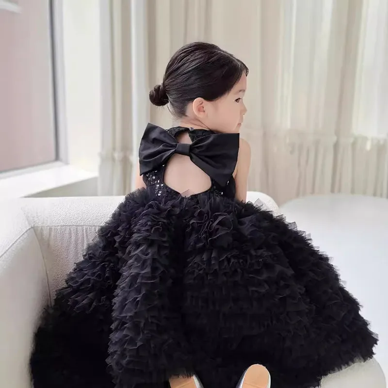 New Girl's Princess Ball Gown Black and White Swan Cake Dress French Butterfly Dew Back Mesh Birthday Performance Dress y1364