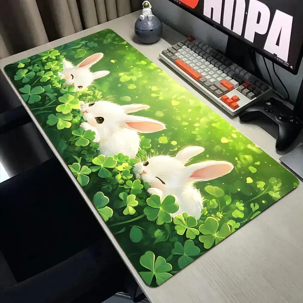 Four-leaf clover and rabbits Mouse Pad Desk Mat with Stitched Edge XXL Mousepads Rubber Anti-slip Gamer Keyboard Rug Gaming Mats