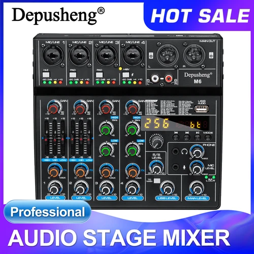 Consola mezcladora de sonido de 6 canales Depusheng M6, Bluetooth, USB, ordenador de grabación, 48V, retardo de energía fantasma, efecto repetido, mezclador de Audio