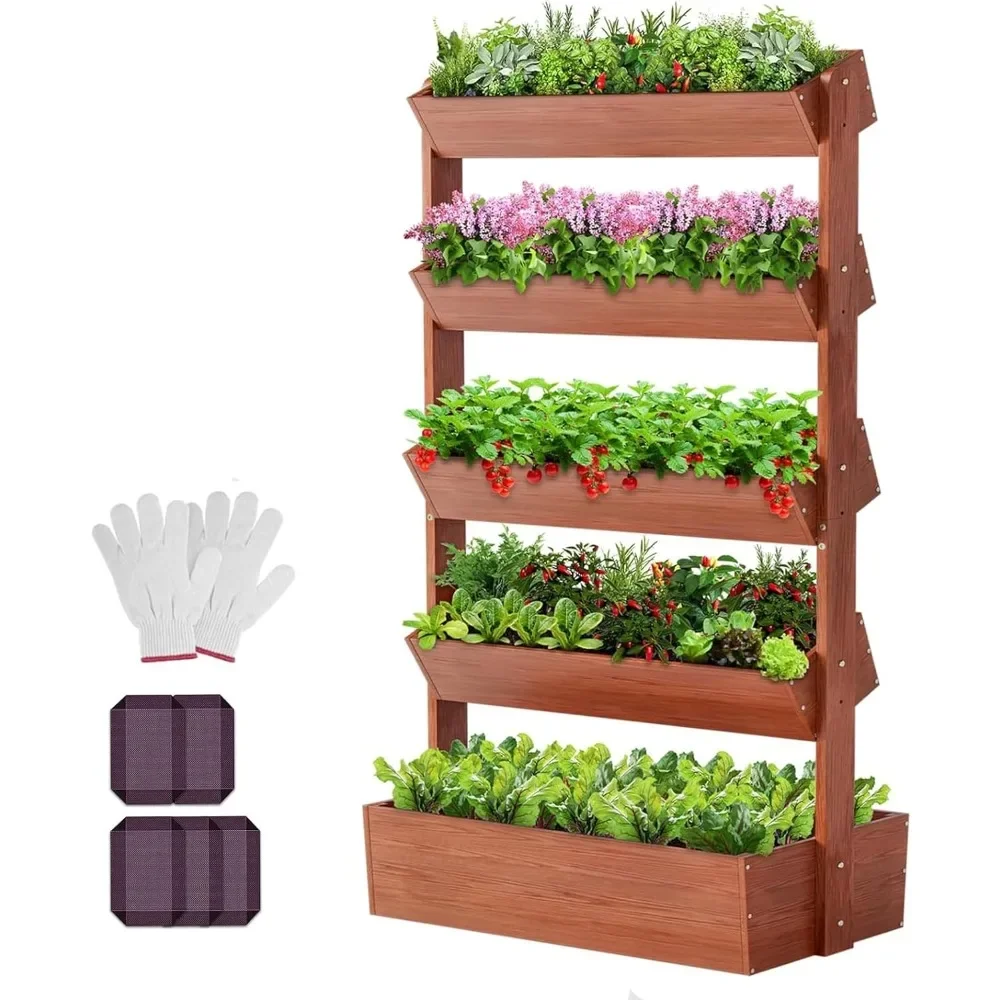 5 Tier Planters Freestanding Wood Plant Stand Flower Rack,  Wooden Planter Box for Plants Herbs Flowers Vegetables