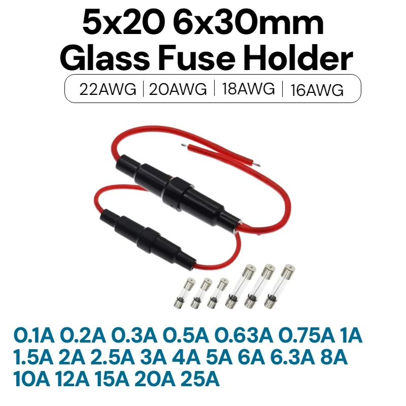 10pcs 5x20 6x30mm Glass Fuse Holder With Wire Cable Spring Copper Core Fuse Socket Fuse Tube Holder 22AWG 20AWG 18AWG 16AWG 250V