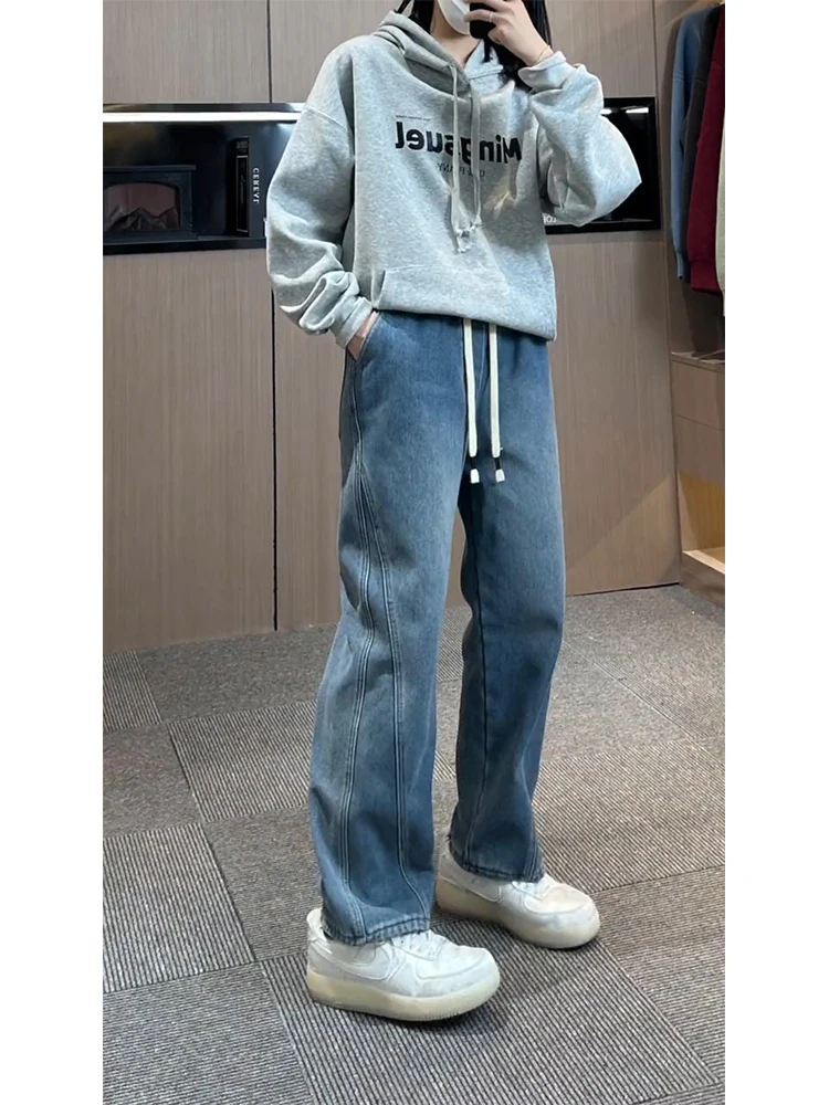 

Cleanfit American Retro Waed Patchwork Jeans Men's Loose Fit Dstring Straight Leg Long Trousers Youth Trendy Wear Resistant