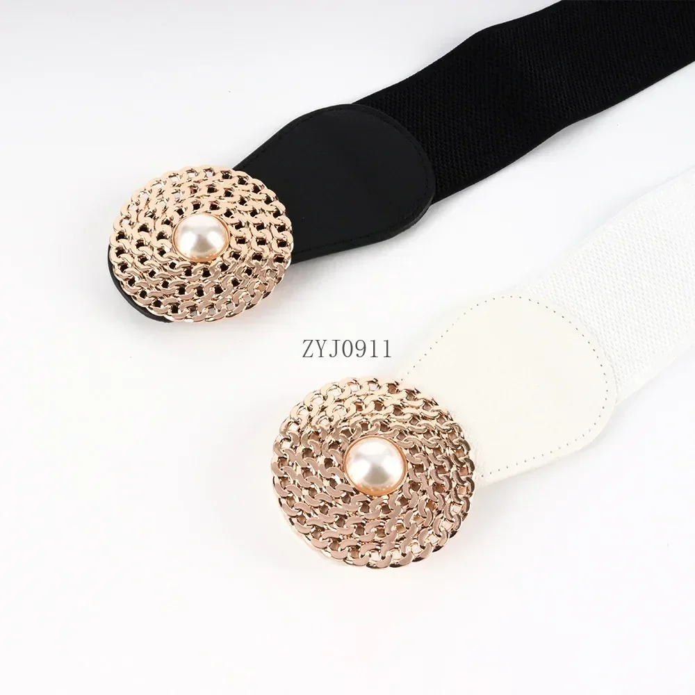 Ladies Pearl Round Buckle Corset Elasticity Wide Waist Dress Decorative High Quality Belts for Women
