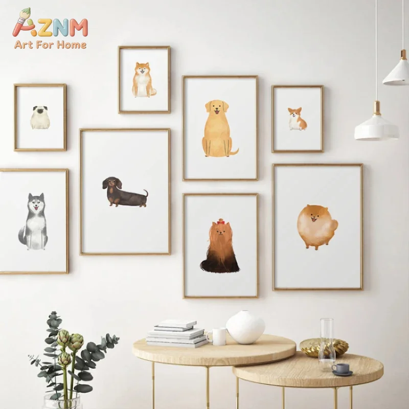 AZNM Minimalist Watercolor Dog Canvas Wall Art Corgi Shiba Husky Pug Labrador Cute Puppy Pet Nursery Decor Unframed Canvas Poste