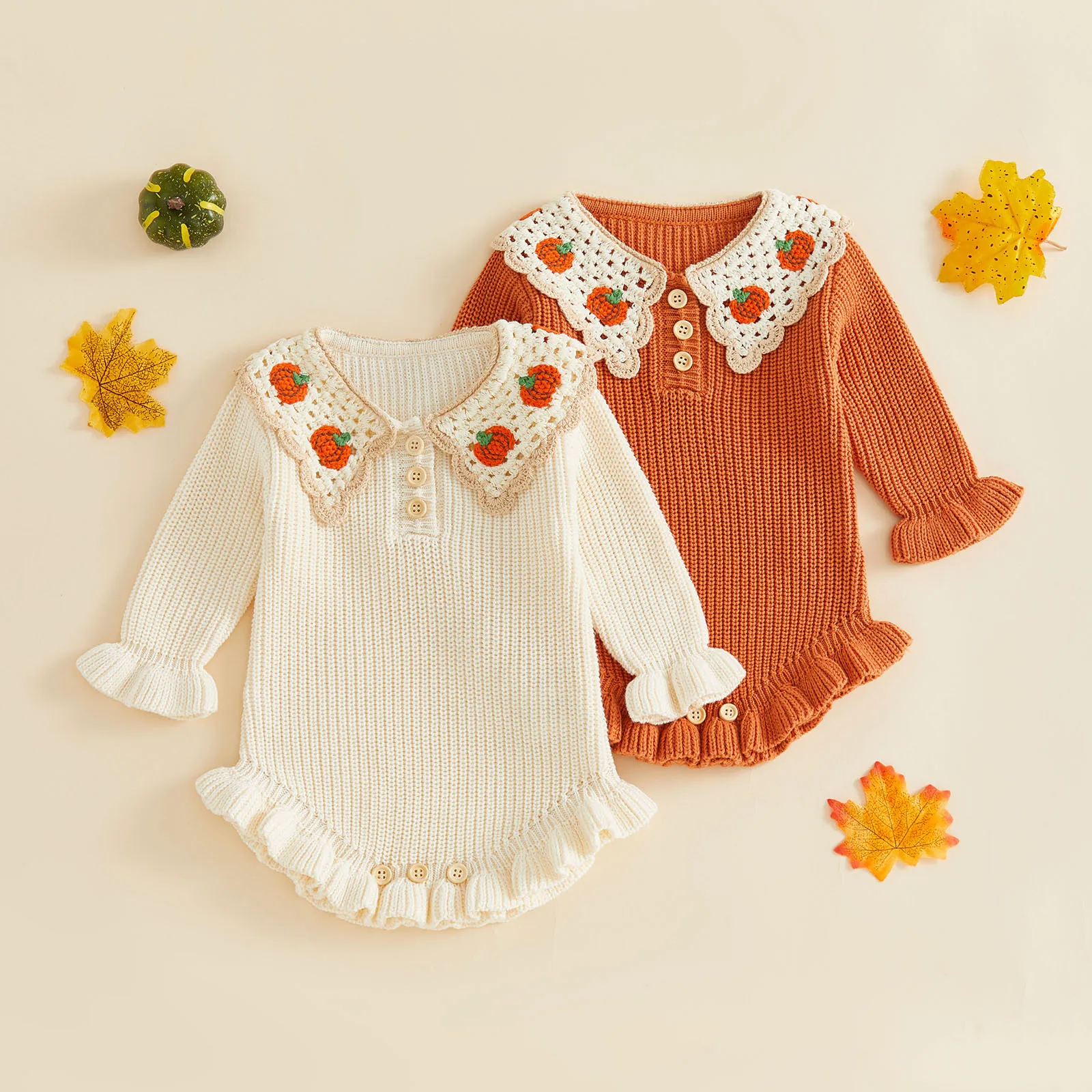 Fall Winter Baby Girl Thanksgiving Day Knit Romper Long Sleeve Ruffles Pumpkin Embroidery Sweaters Jumpsuits Knitwear