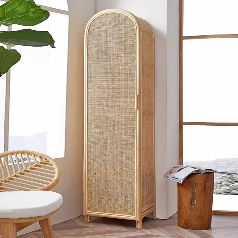 Nordic natural rattan woven single door wardrobe, homestay household small bedroom, retro  style ins storage cabinet