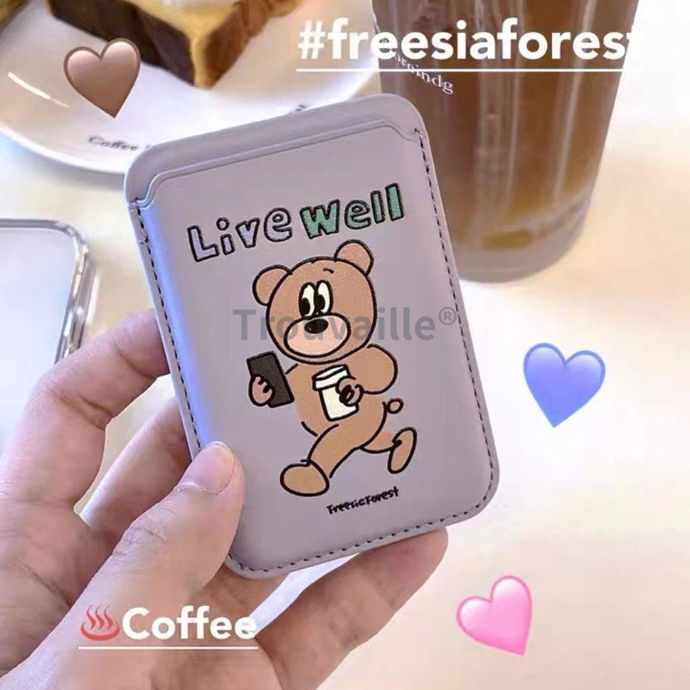 Trouvaille for Magsafe Card Holder Magnetic Phone Case Cute Korea Bear Macsafe Pink Girl for iPhone 15 14 13 12 11 Magnet Case