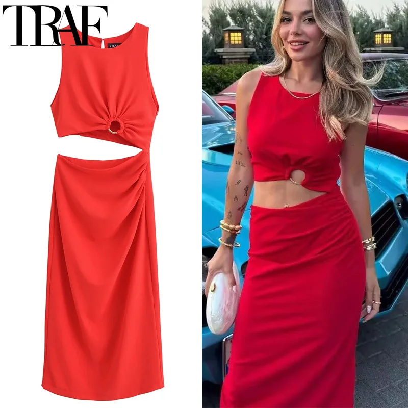 TRAF Cut Out abito longuette rosso donna abiti lunghi senza maniche pieghettati per le donne abiti da festa aderenti estivi abito da ballo elegante con spacco