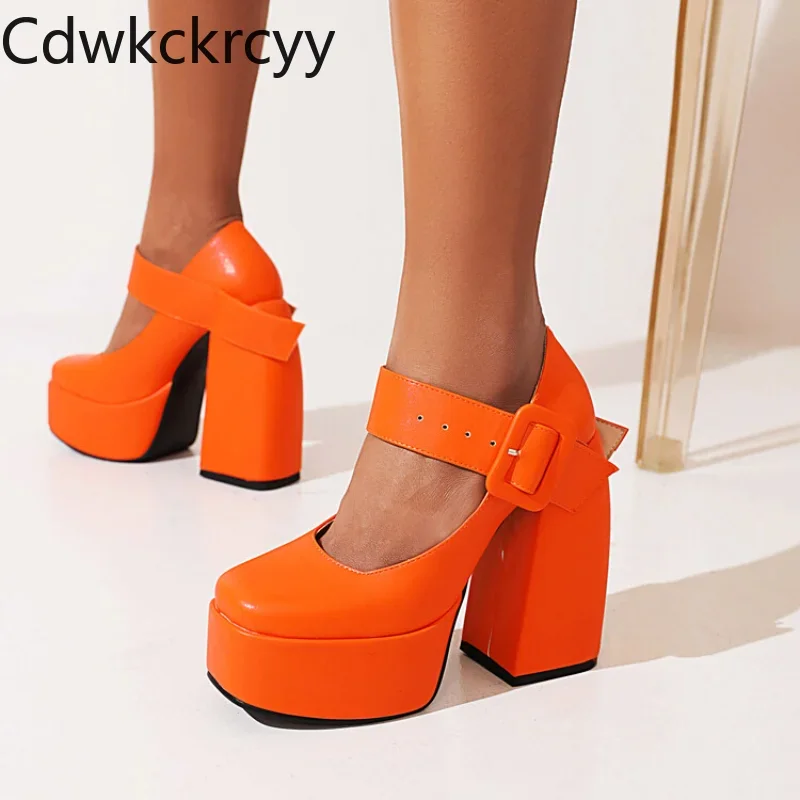 spring and autumn New styles fashion Round head Ultrahigh heel Women\'s Shoes orange Shallow mouth Buckle Square heel Women Shoes