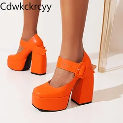 spring and autumn New styles fashion Round head Ultrahigh heel Women's Shoes orange Shallow mouth Buckle Square heel Women Shoes