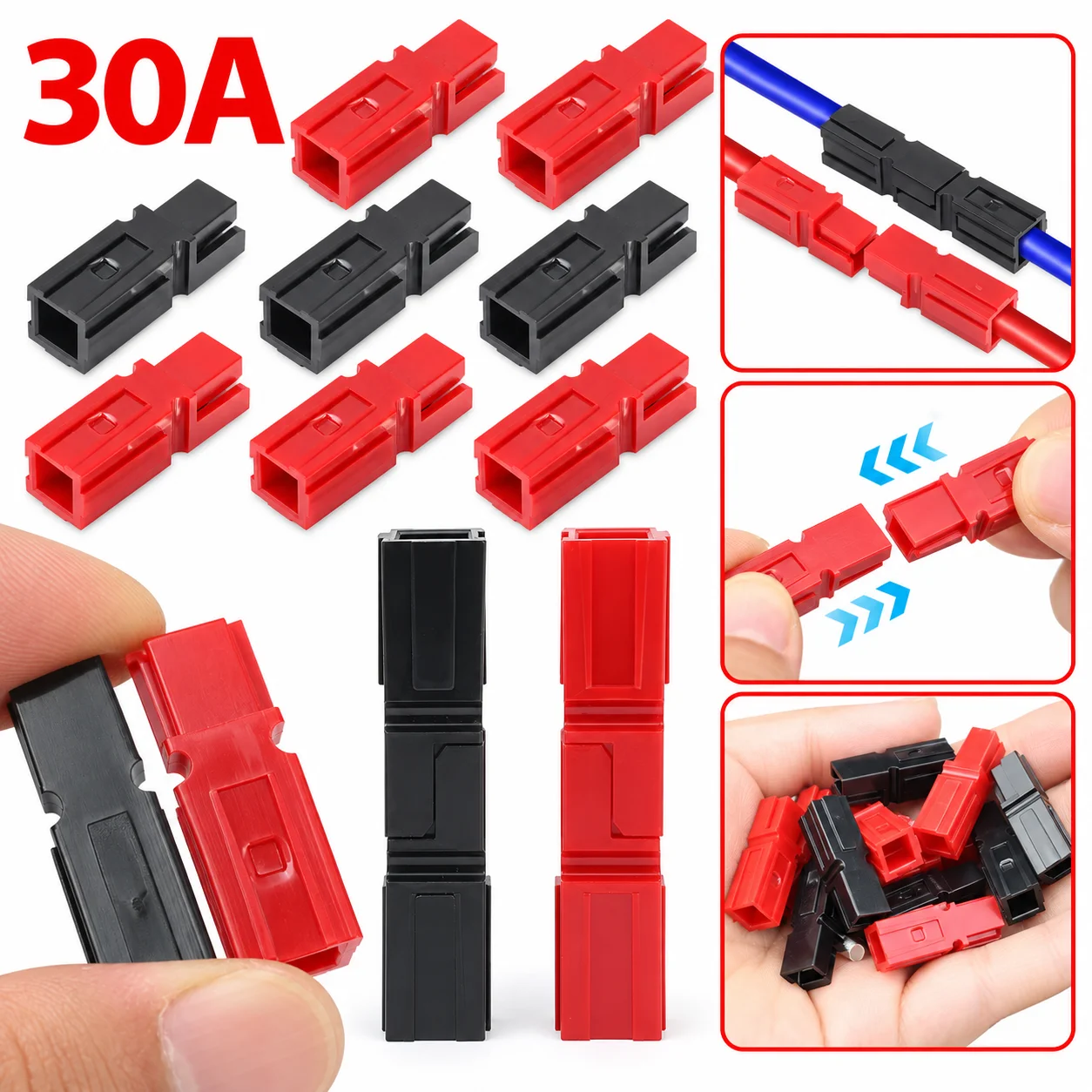 2PCS 30Amp Style Power Connector Red Black High Current Battery Plug Copper Terminal for Car Marine Radio Solar Wiring