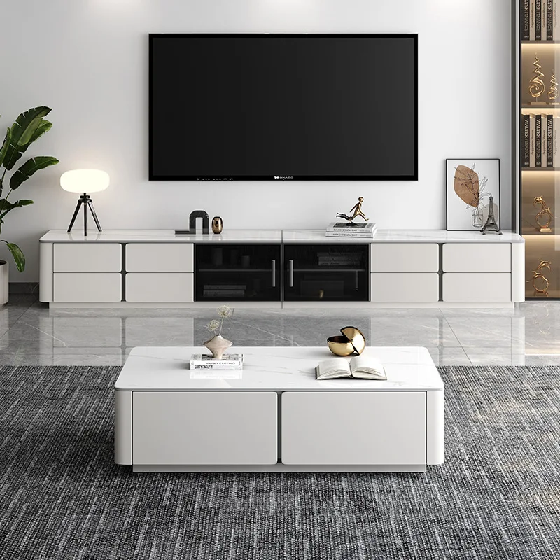 Solid wood TV cabinet coffee table combination living room storage locker integrated rock slab heightening