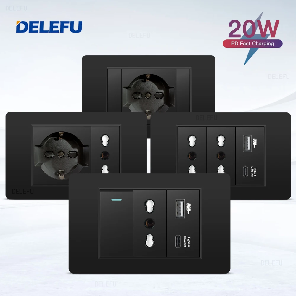 DELEFU Black Retardant PC Panel Italy Standard Type C EU Outlet Plug Wall Socket Light Switch Chile Satellite TV Tel CAT5 CAT6