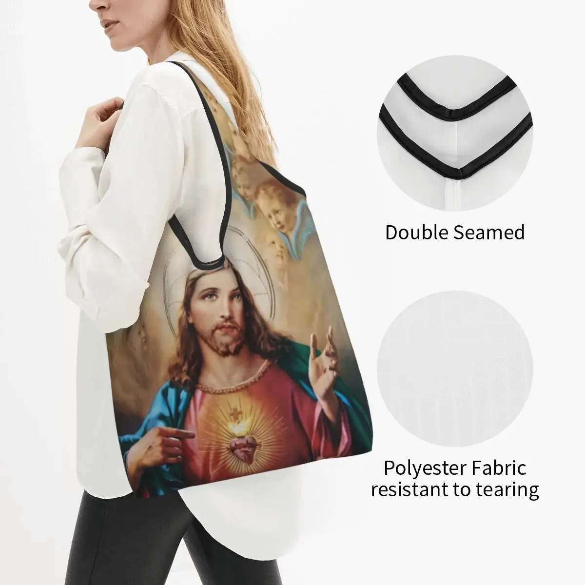 Grand sac fourre-tout réutilisable du Sacré-Cœur de Jésus-Christ, sacs d'épicerie catholiques pour le catholicisme, la foi religieuse