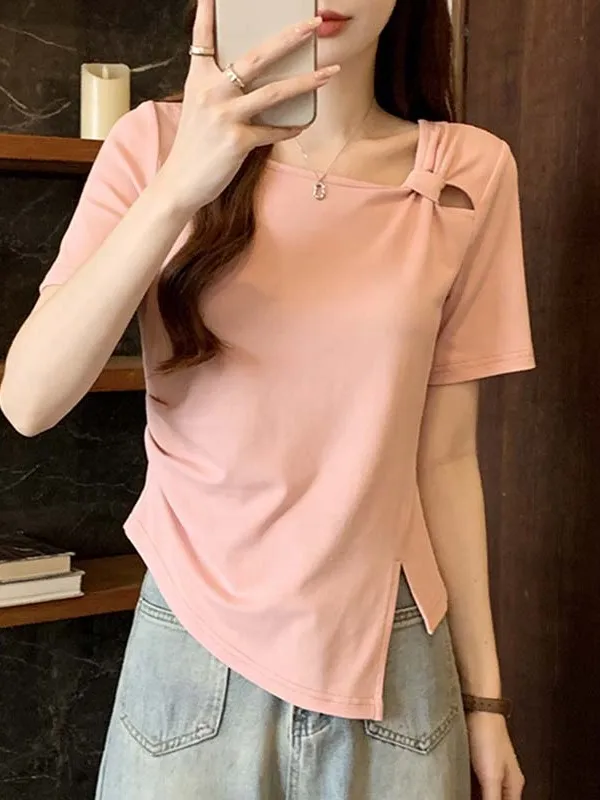 

plus Size Summer Fashion T-Shirt Women's Knot Irregular Short Sleeve Breathable Korean Style Casual Wear for Pear Shaped Girls
