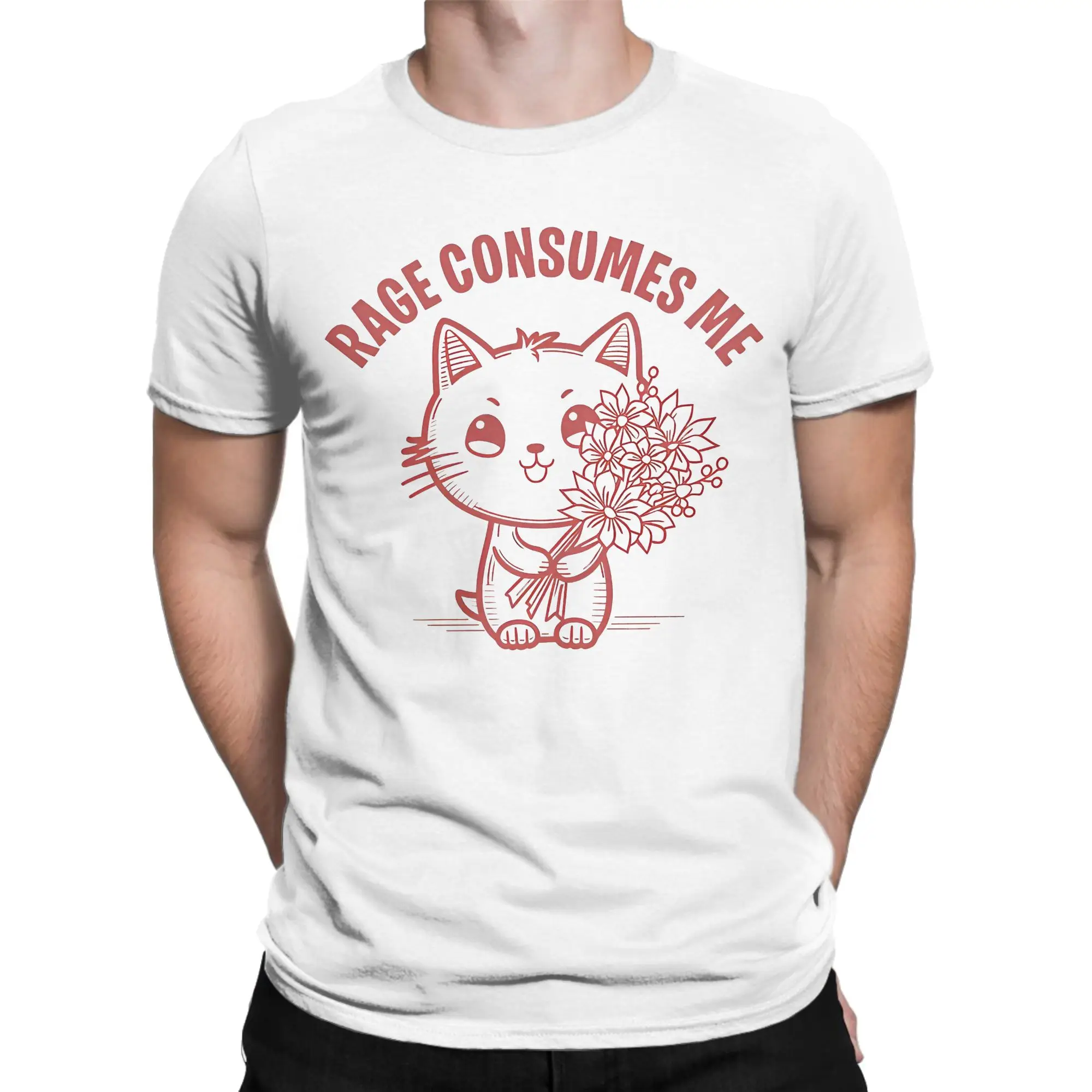 Vintage Humour Rage Consumes Me Cat Tshirts Men's Cotton Short Sleeve  Crewneck Summer Top Tee
