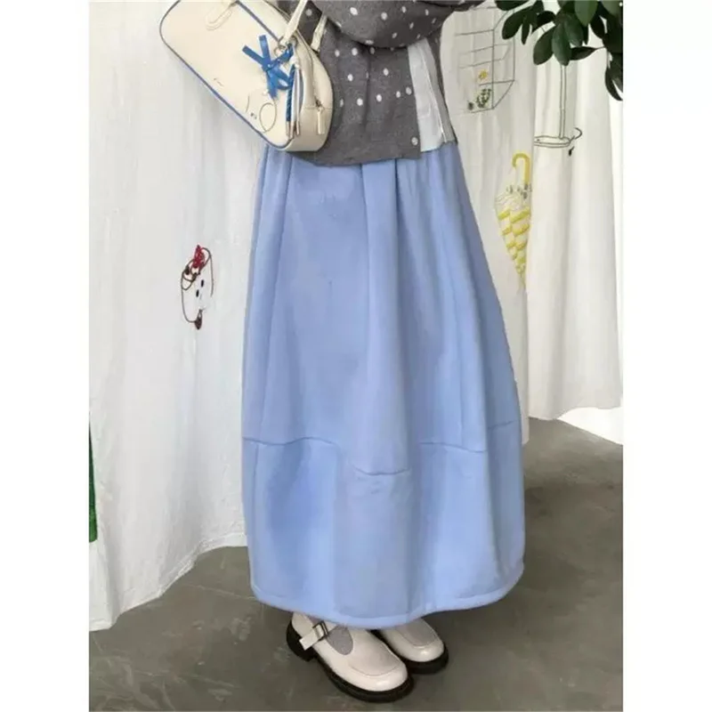 Women Soft Woolen Maxi Skirt Autumn Winter Elastic Waist A-line Bubble Puff Long Skirt Elegant Swing Half Skirt