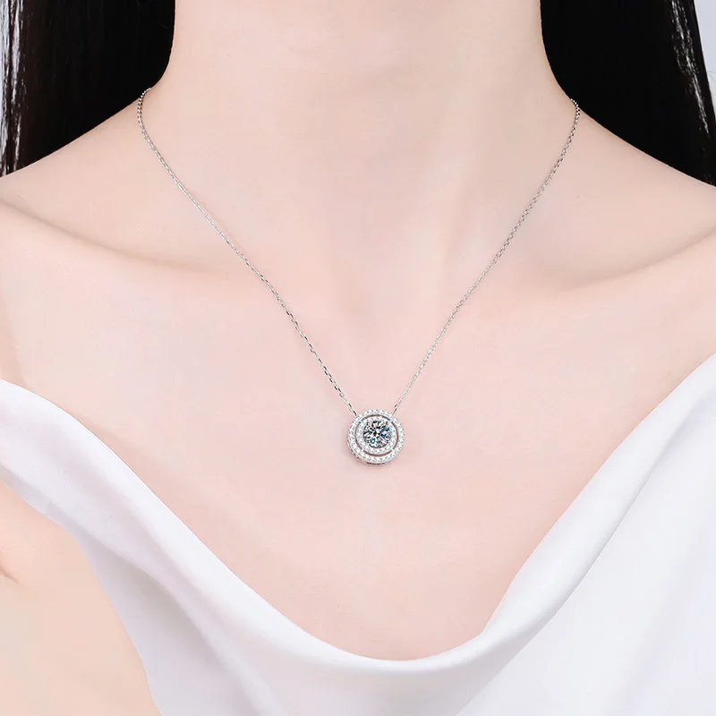 S925 Sterling Silver Necklace for Women, Double Circle Circular Moissanite Collarbone Chain, Plated with Pt950 Gold