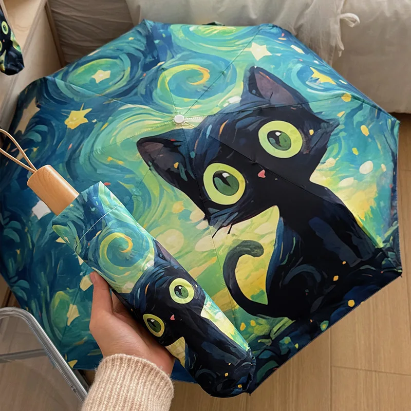 Summer Green Starry Sky Cartoon Cat Automatic Sunshade Folding Portable Umbrella Sunscreen Uv Protection Exquisite Trendy Gift - view 2