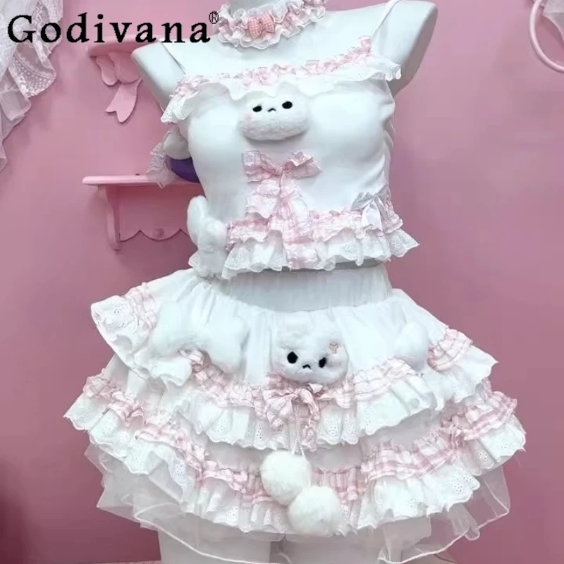 

Sweet Girl Pink Lolita Skirt Set Cute Doll Summer Suspender Top Cake Skirt Suits Women's Spring Summer Two Pieces Skirt Set