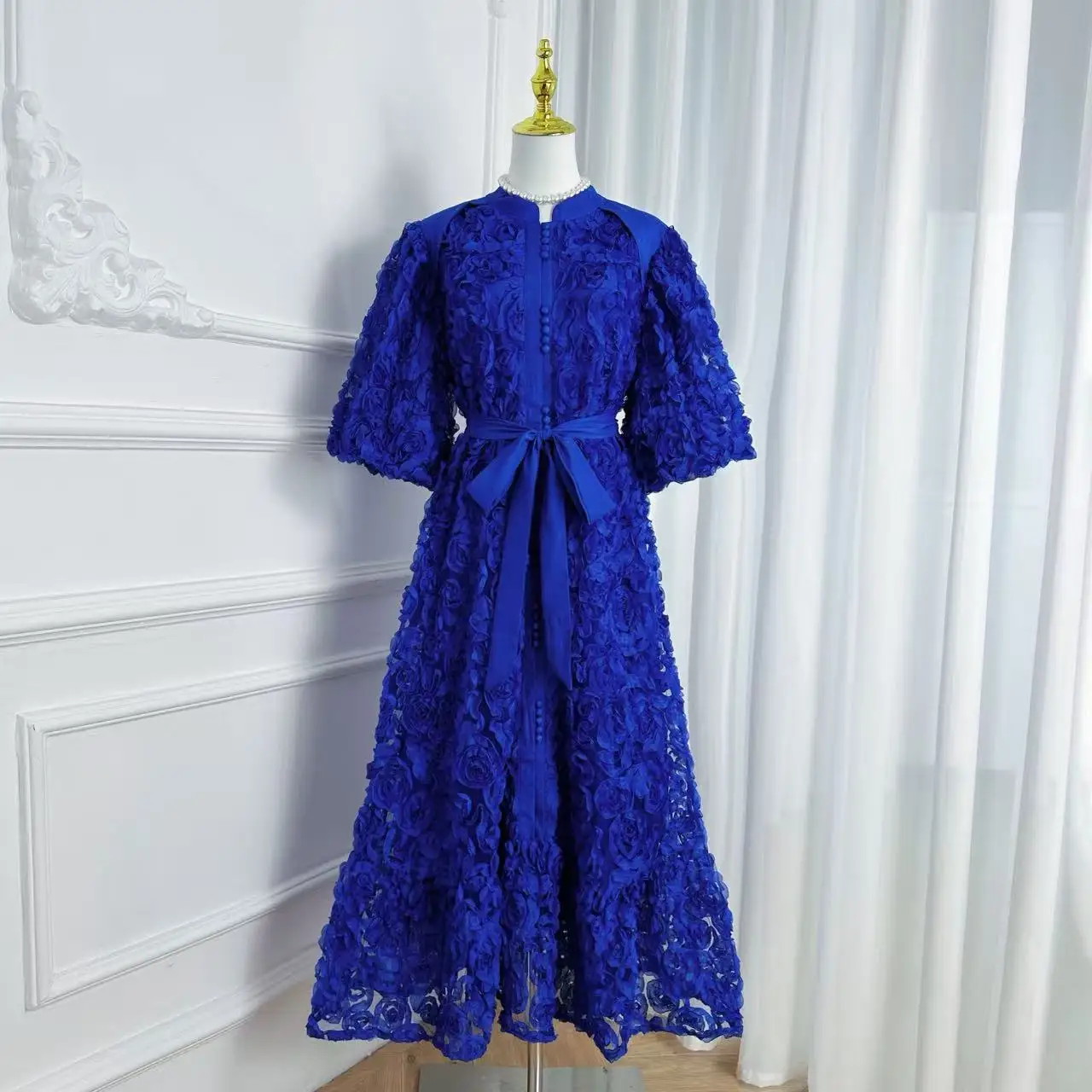 Luxe 3D Bloem Prom Formele Jurk Vrouwen Zomer Herfst Losse Big Size A-lijn Geplooide Single Breasted Midi Lange Feestjurken