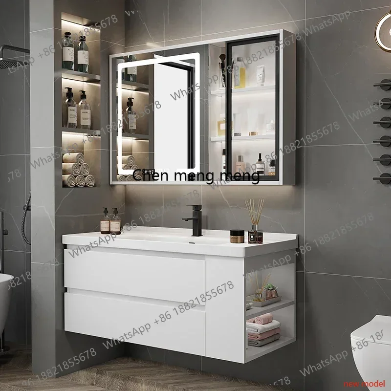 Simple Modern Bathroom Solid Wood Bathroom Cabinet Ceramic Integrated Narrow Side Cabinet Combination Gabinete Furniture
