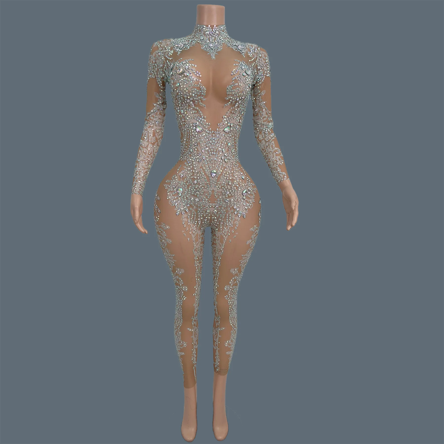 

Glamorous Elastic Sparkly Crystals Tight Fitting Jumpsuit Night Party Drag Queen Performer Wear Festival Dance Sexy Outfit Putao